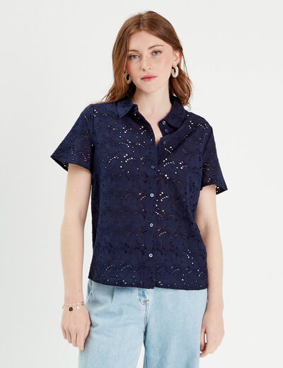 Chemise manches courtes brodée bleu marine femme