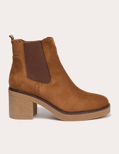 Bottines &agrave; talon aspect daim camel femme