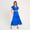 Robe longue évasée ceinturée bleu electrique femme
