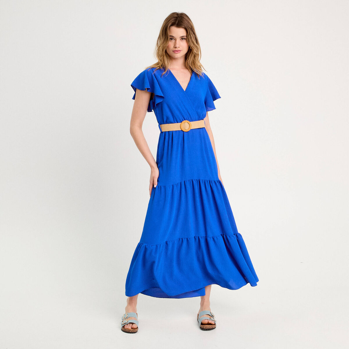 Robe longue évasée ceinturée bleu electrique femme
