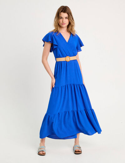 Robe longue évasée ceinturée bleu electrique femme