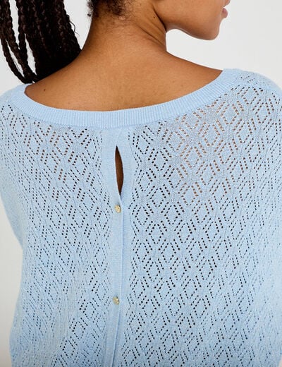 Pull ajour&eacute; col v manches courtes bleu ciel femme