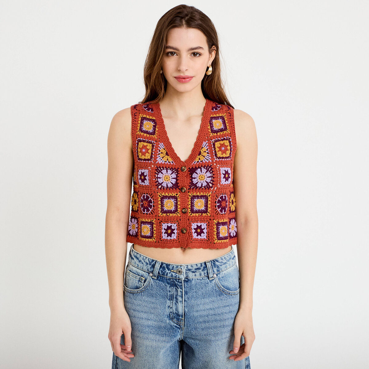 Gilet sans manches macram&eacute; vieux rose femme
