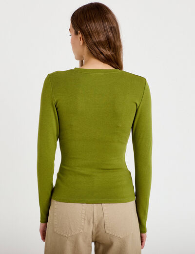 T-shirt cintr&eacute; col rond manches longues vert fonc&eacute; femme