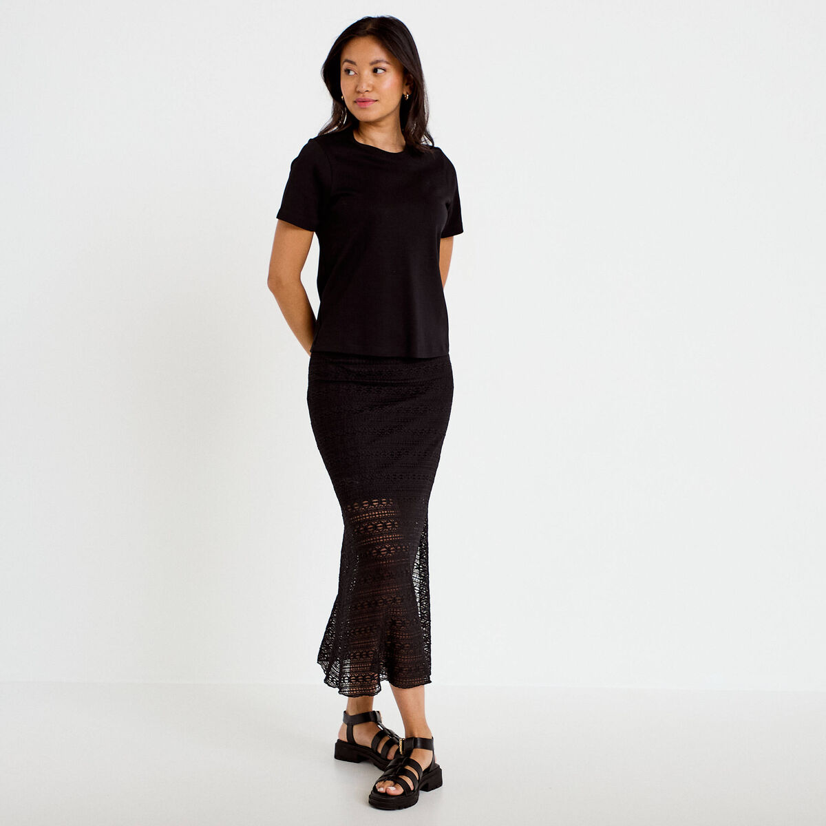 Jupe longue droite en dentelle noir femme