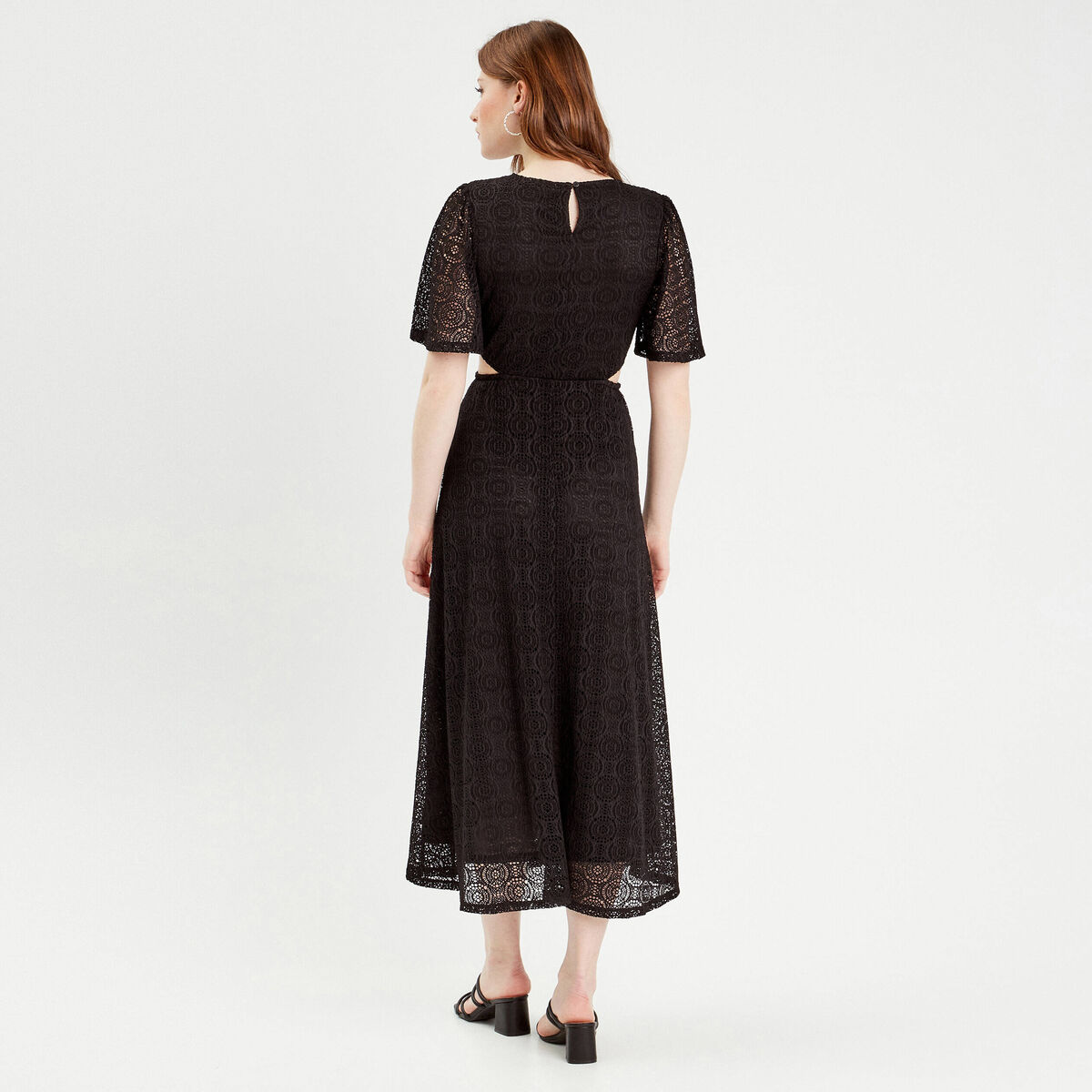 Robe longue évasée dentelle noir femme
