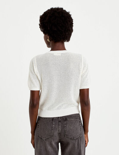 Gilet ajour&eacute; col rond manches courtes ecru femme