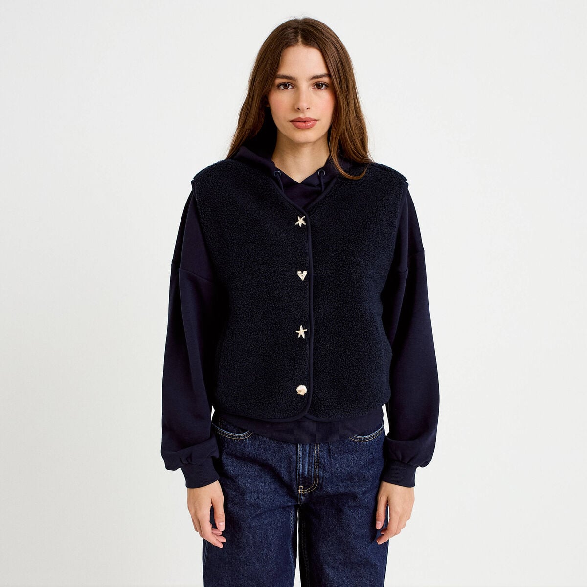 Gilet sans manches effet polaire col v bleu marine femme
