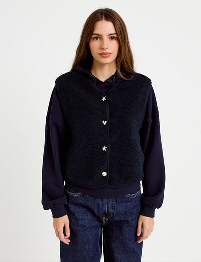 Gilet sans manches effet polaire col v bleu marine femme