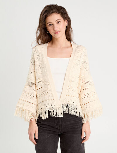Gilet ajouré avec franges ecru femme