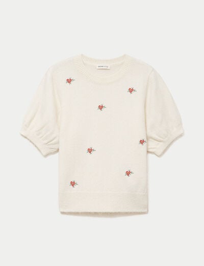 Pull col rond manches courtes brod&eacute; ecru femme