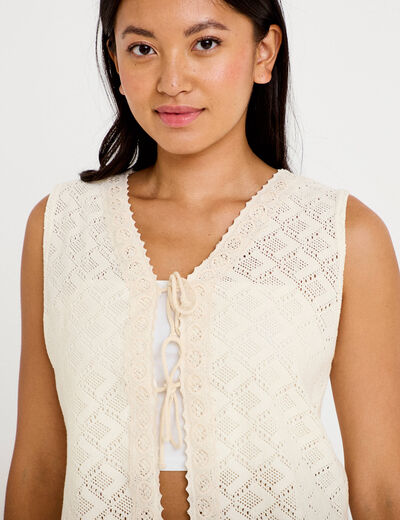 Gilet sans manches col v macram&eacute; ecru femme