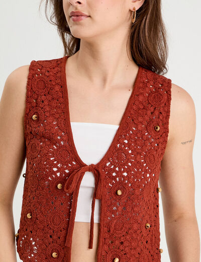Gilet noué effet crochet marron cognac femme