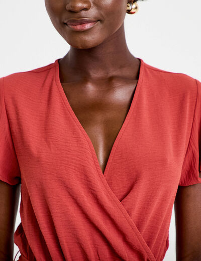 Robe courte &eacute;vas&eacute;e col v manches courtes vieux rose femme
