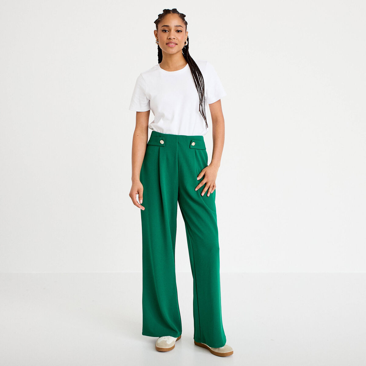 Pantalon large taille haute fluide vert femme