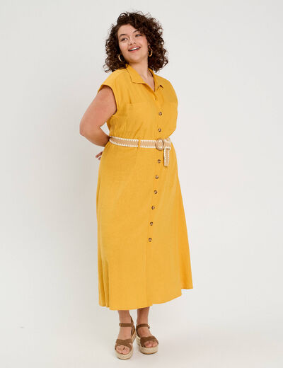 Robe chemise midi contenant du lin jaune citron femme