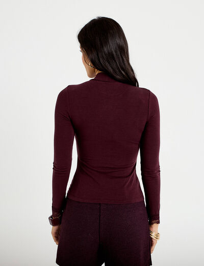 T-shirt ajust&eacute; col roul&eacute; dentelle prune femme