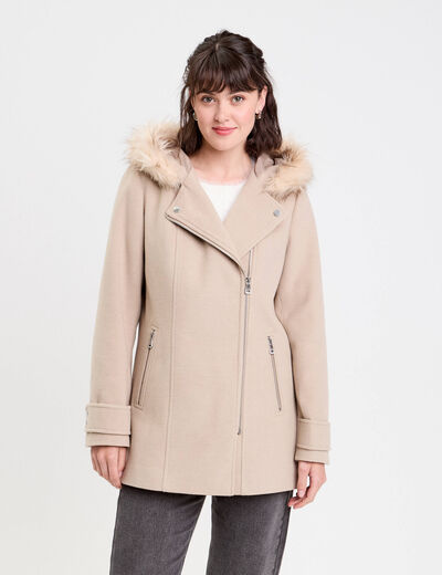 Manteau droit avec capuche beige femme