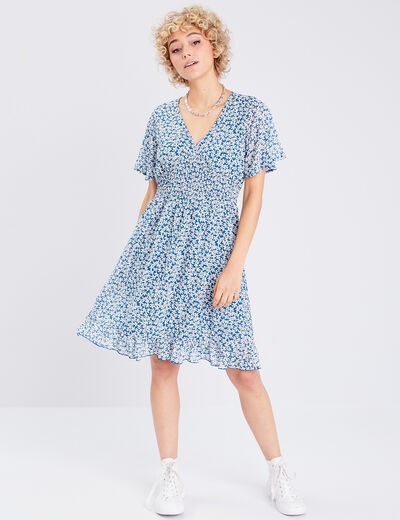 Robe évasée manches courtes bleu marine femme