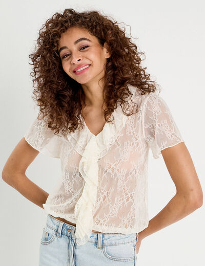 Top dentelle et volants ecru femme
