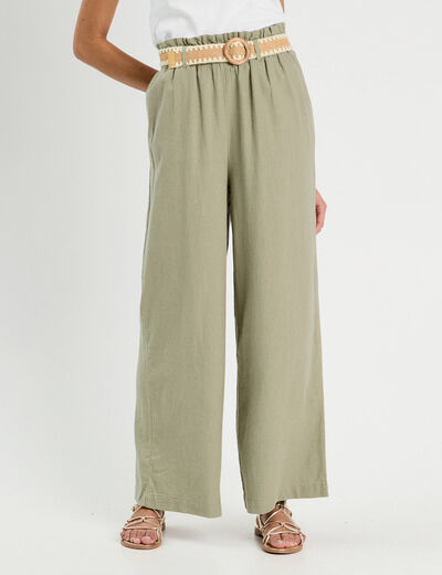 Pantalon large ceinturé contenant du lin vert kaki femme