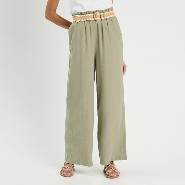 pantalon large ceinture contenant du lin vert kaki femme Pantalon large ceinturé contenant du lin vert kaki femme