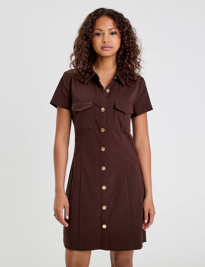 Robe droite boutonnée marron foncé femme
