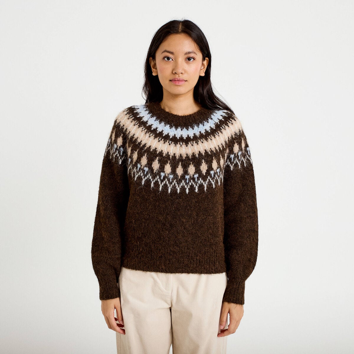 Pull col rond manches longues marron fonc&eacute; femme