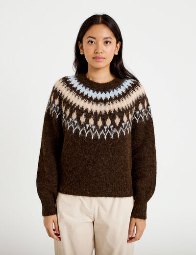 Pull col rond manches longues marron fonc&eacute; femme