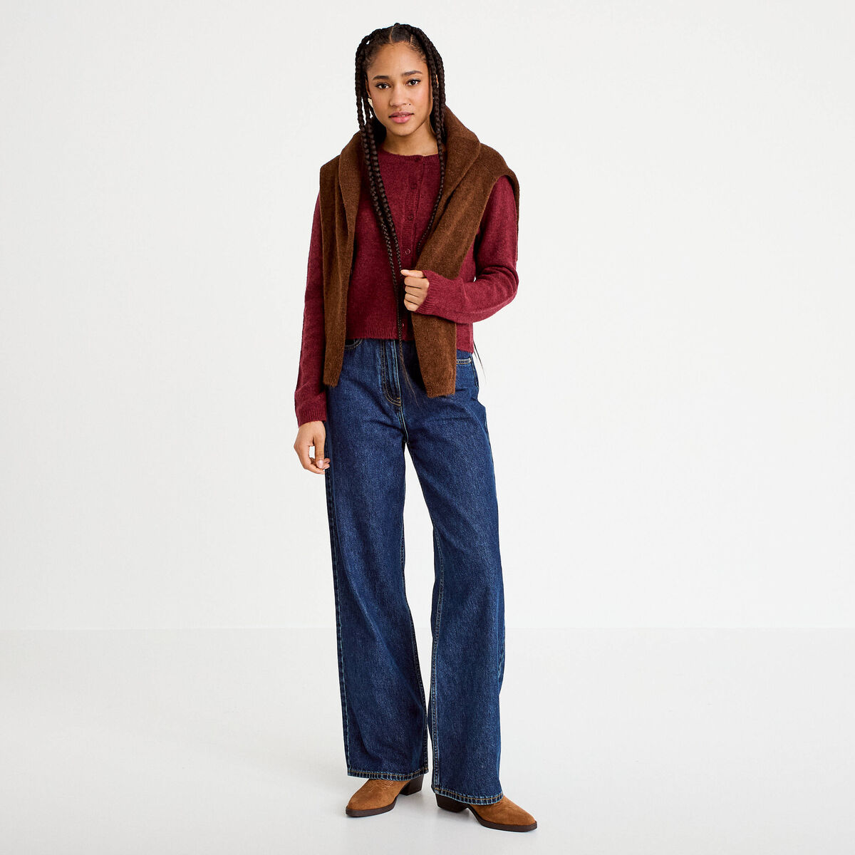 Gilet boutonn&eacute; manches longues rouge fonc&eacute; femme