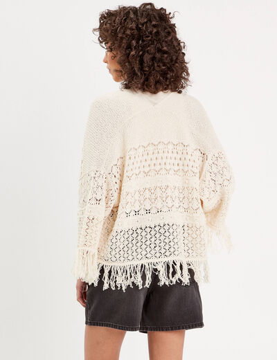 Gilet ajouré avec franges ecru femme