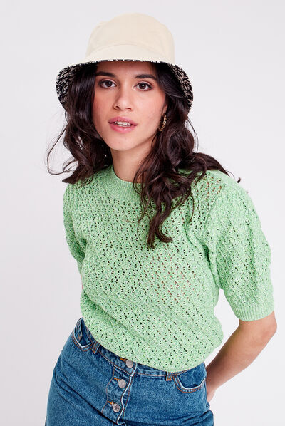 Pull manches courtes ajouré vert clair femme