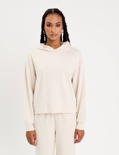 Sweat &agrave; capuche manches longues ecru femme