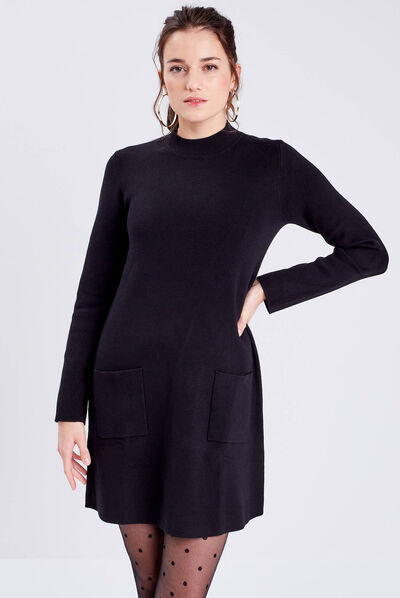 Robe pull droite avec poches noir femme