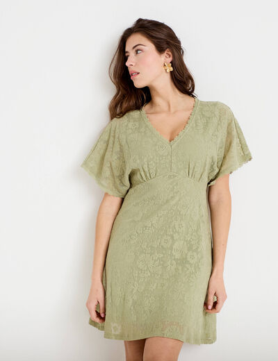 Robe courte &eacute;vas&eacute;e col v dentelle vert kaki femme