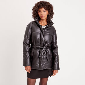 Doudoune ceinturée simili cuir noir femme