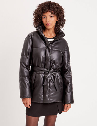Doudoune ceinturée simili cuir noir femme