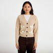 Gilet brod&eacute; col v manches longues beige femme