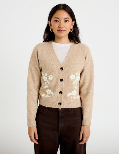 Gilet brod&eacute; col v manches longues beige femme