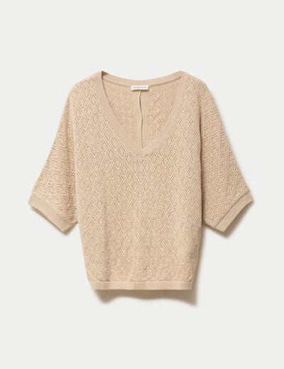 Pull ajour&eacute; col v manches courtes beige femme