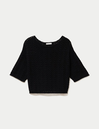 Pull ajour&eacute; aspect dentelle col rond noir femme