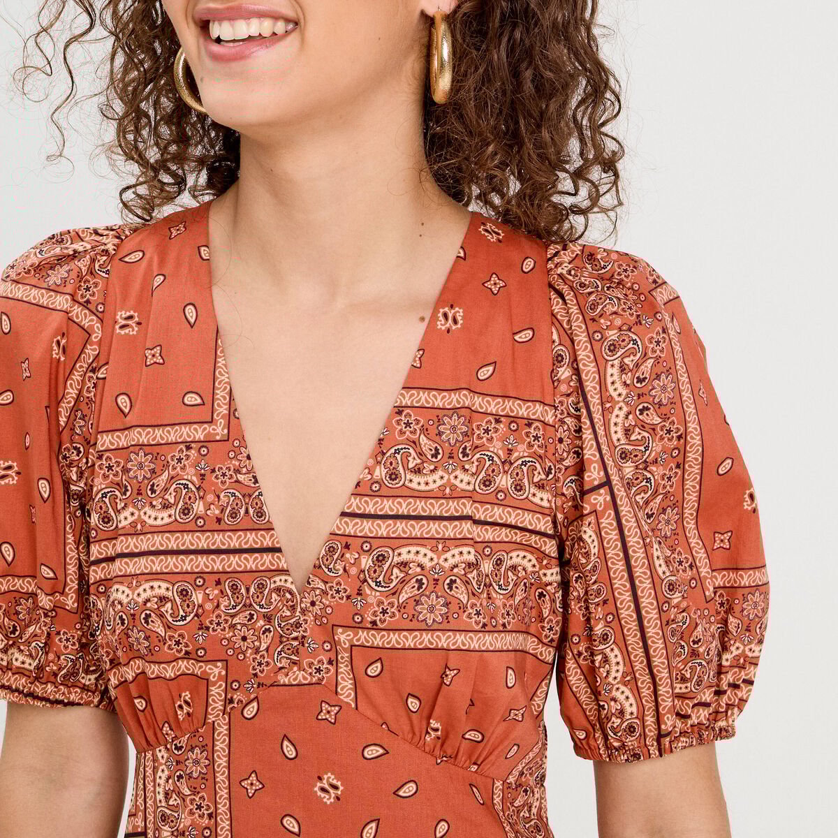 Robe évasée manches ballons terracotta femme