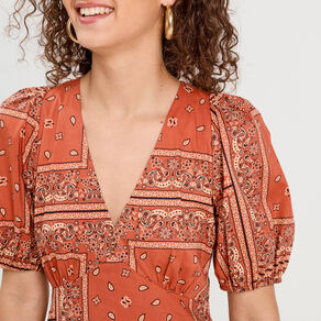 robe evasee manches ballons terracotta femme Robe évasée manches ballons terracotta femme
