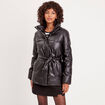 Doudoune ceinturée simili cuir noir femme
