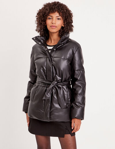 Doudoune ceinturée simili cuir noir femme
