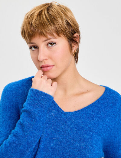Pull avec col en V bleu electrique femme