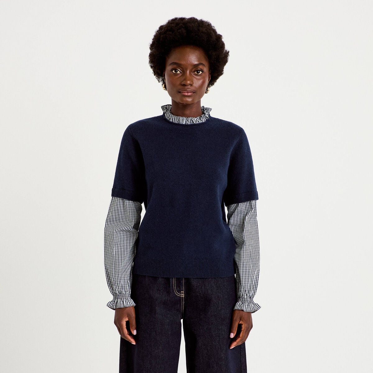 Pull col rond vichy manches longues bleu marine femme