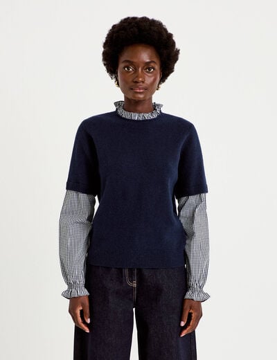 Pull col rond vichy manches longues bleu marine femme
