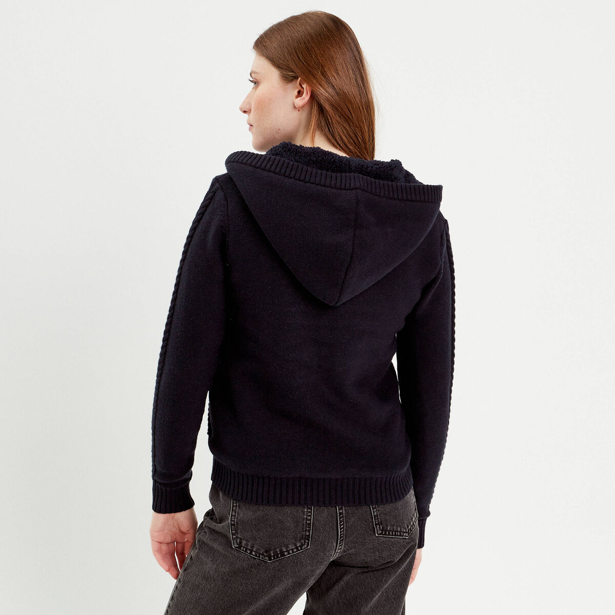 Gilet &agrave; capuche zipp&eacute; bleu marine femme