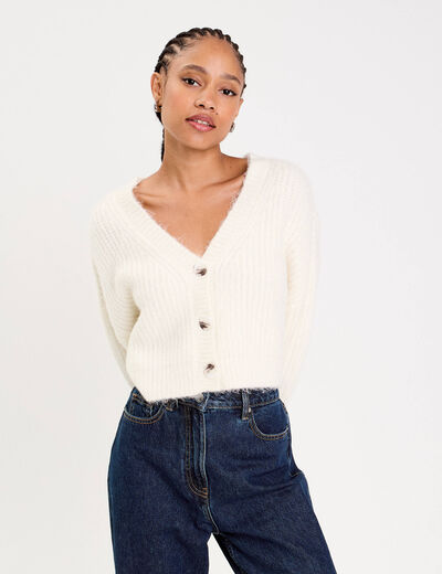 Gilet col v manches longues ecru femme
